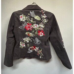 DB Sport Womens Small Floral Embroidered Blazer Jacket Brown Lined Stretch